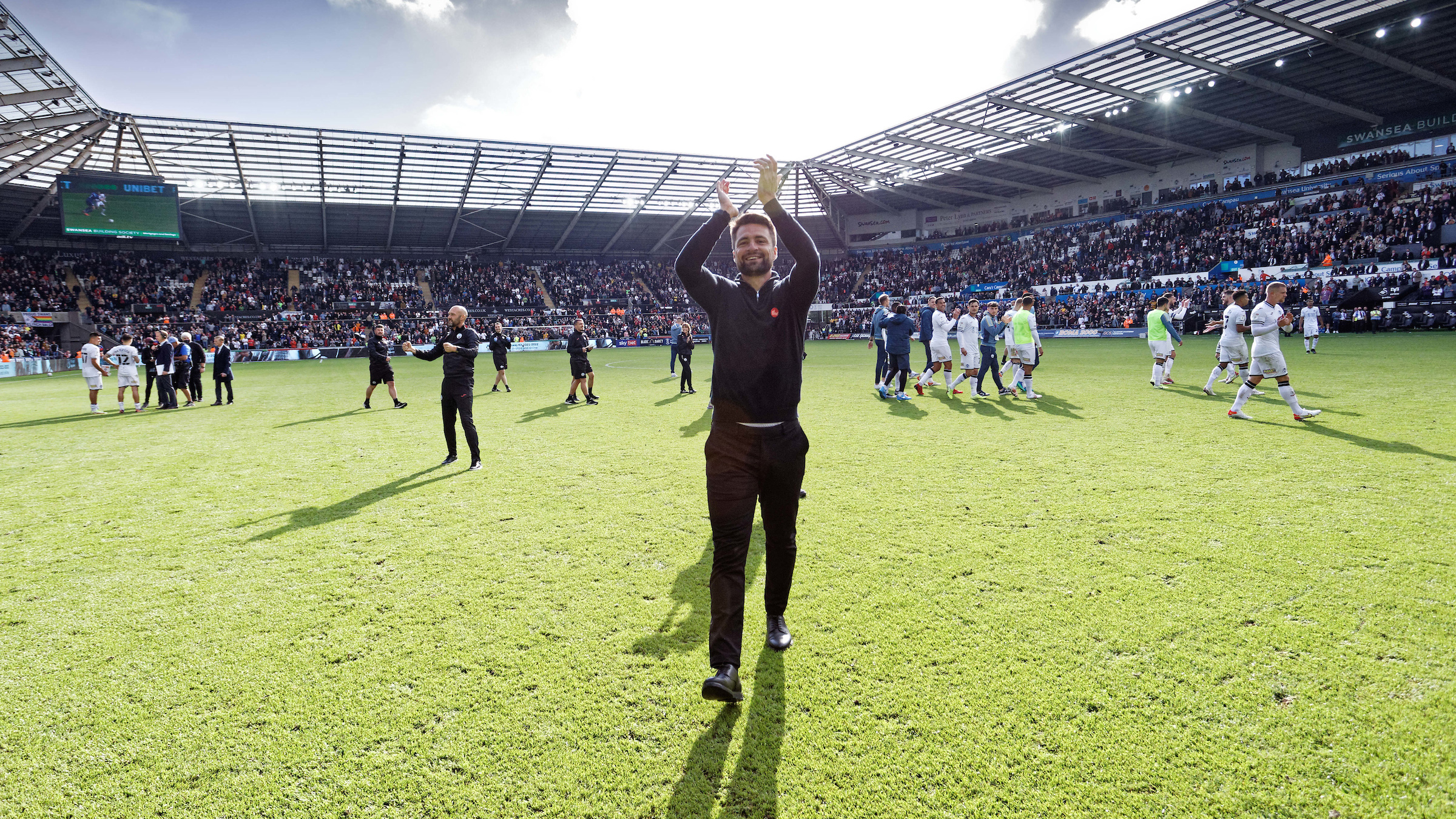 Swansea City manager Russell Martin with his family after the Sky