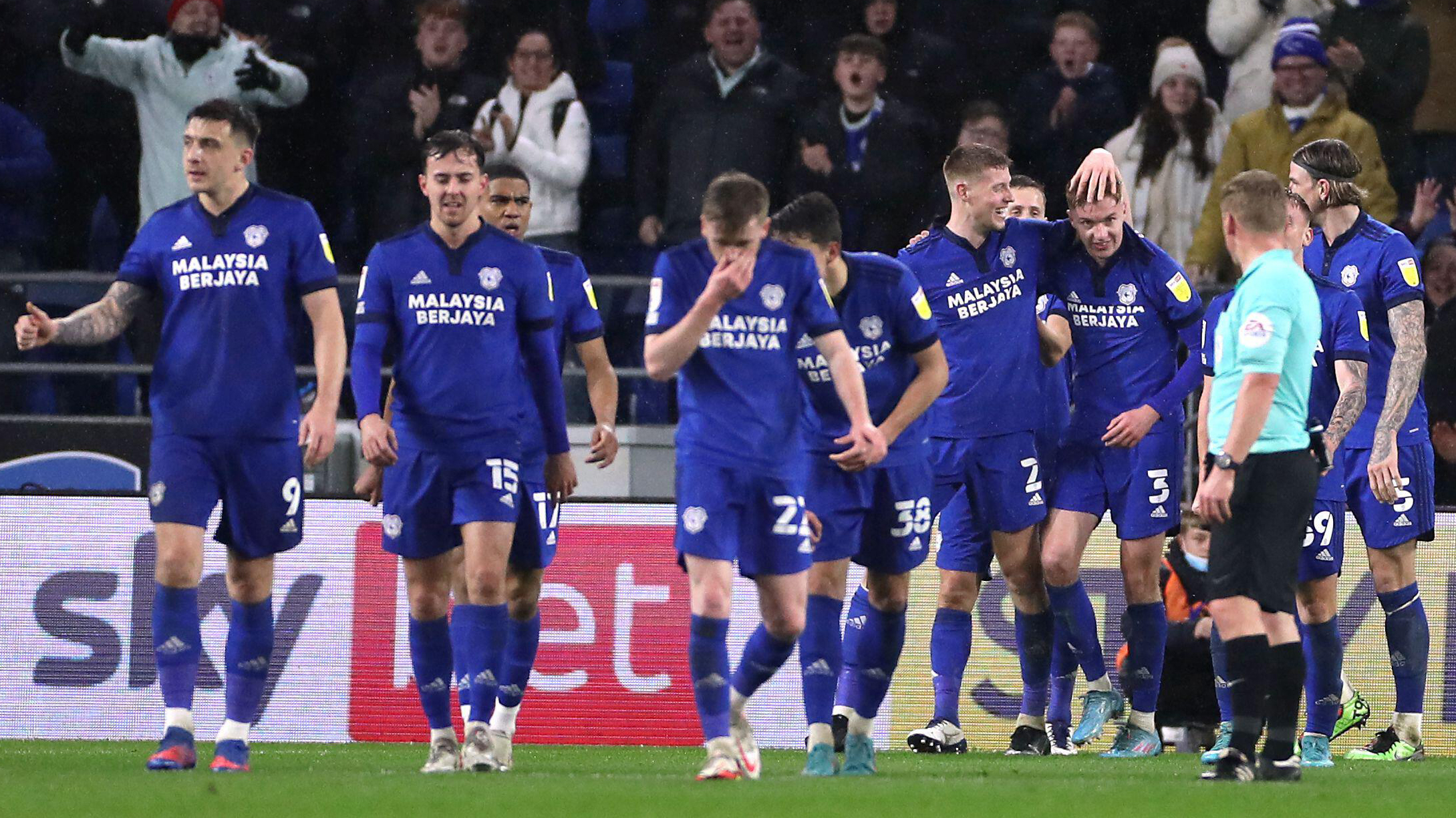 Cardiff City players in a line after celebrating a goal