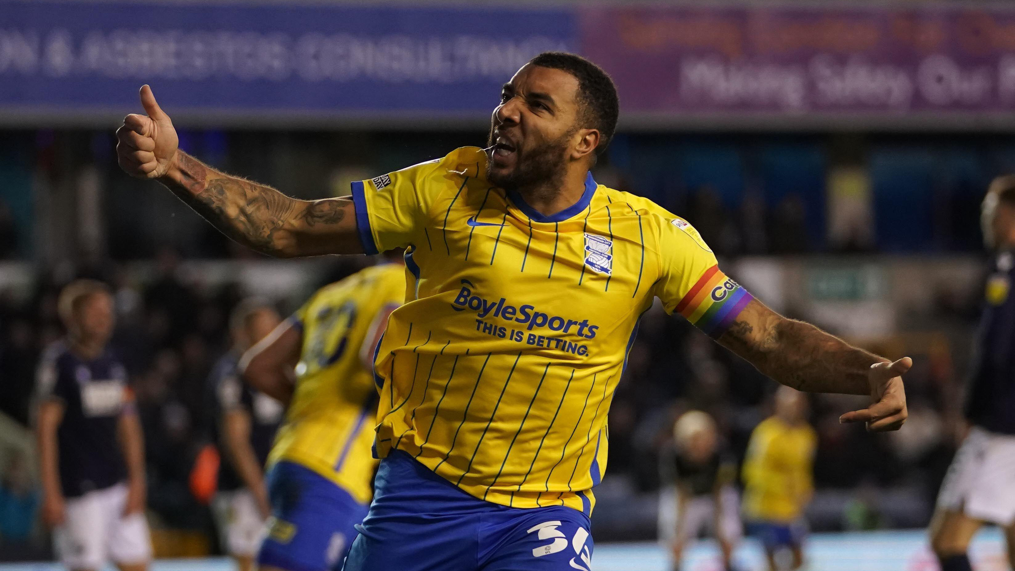 Troy Deeney celebrates scoring a goal for Birmingham City