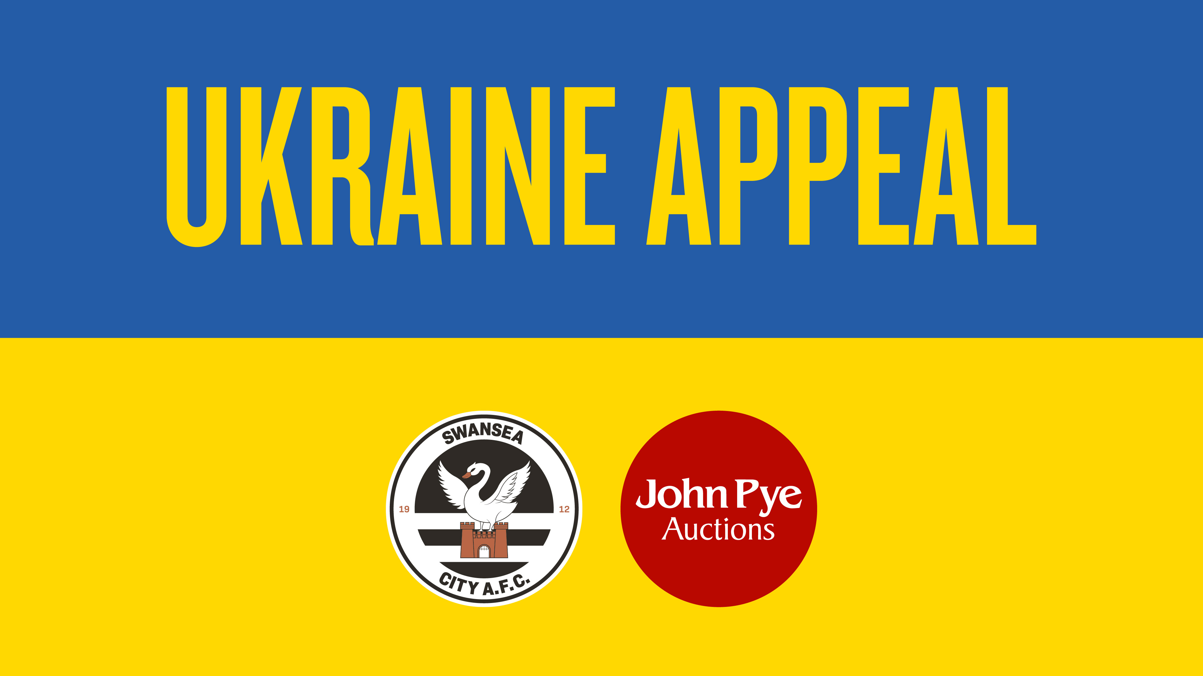 Ukraine appeal. Flag with Swans logo and John Pye logo on