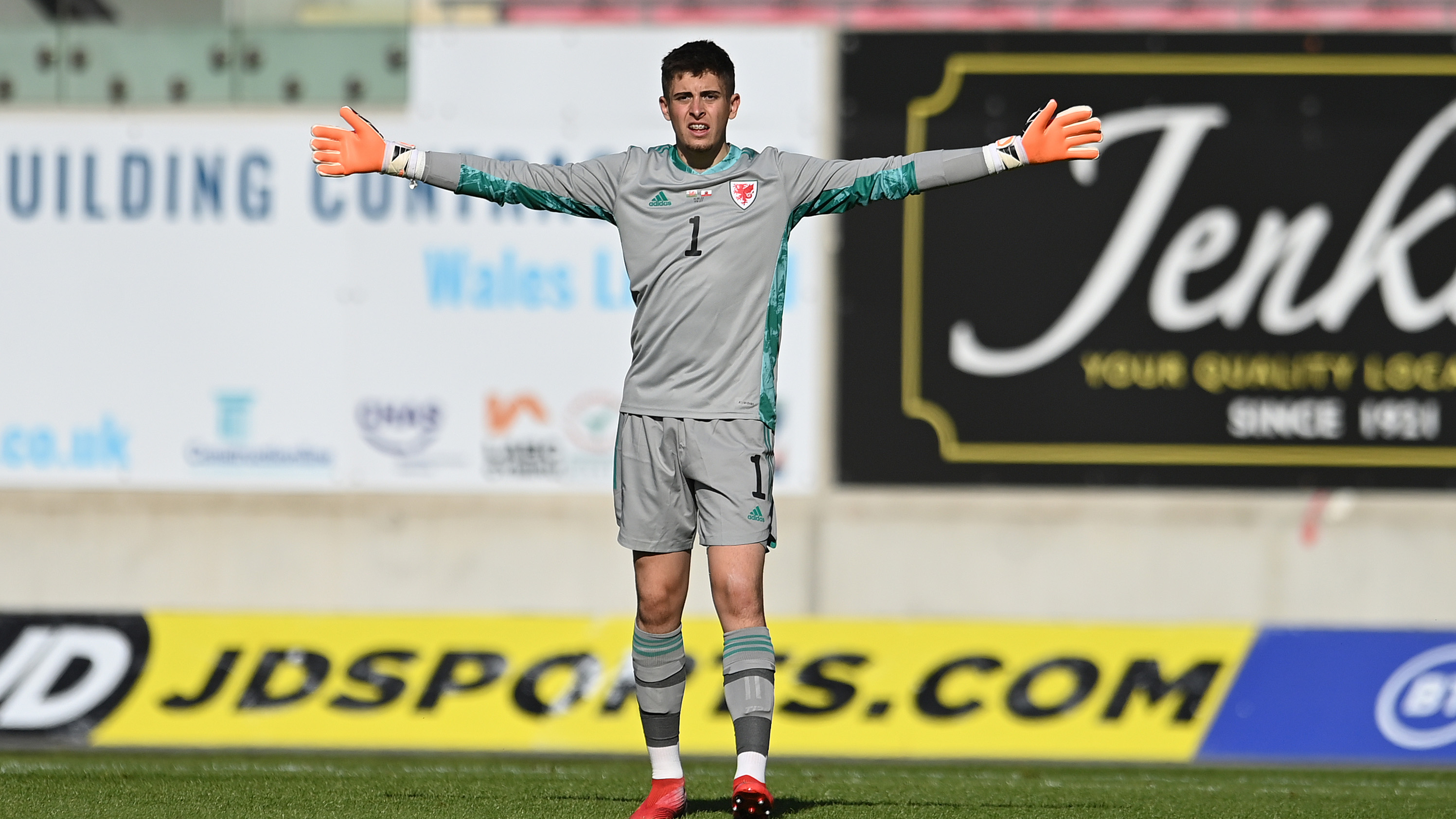 Lewis Webb in grey goalkeeping kit playing for Wales