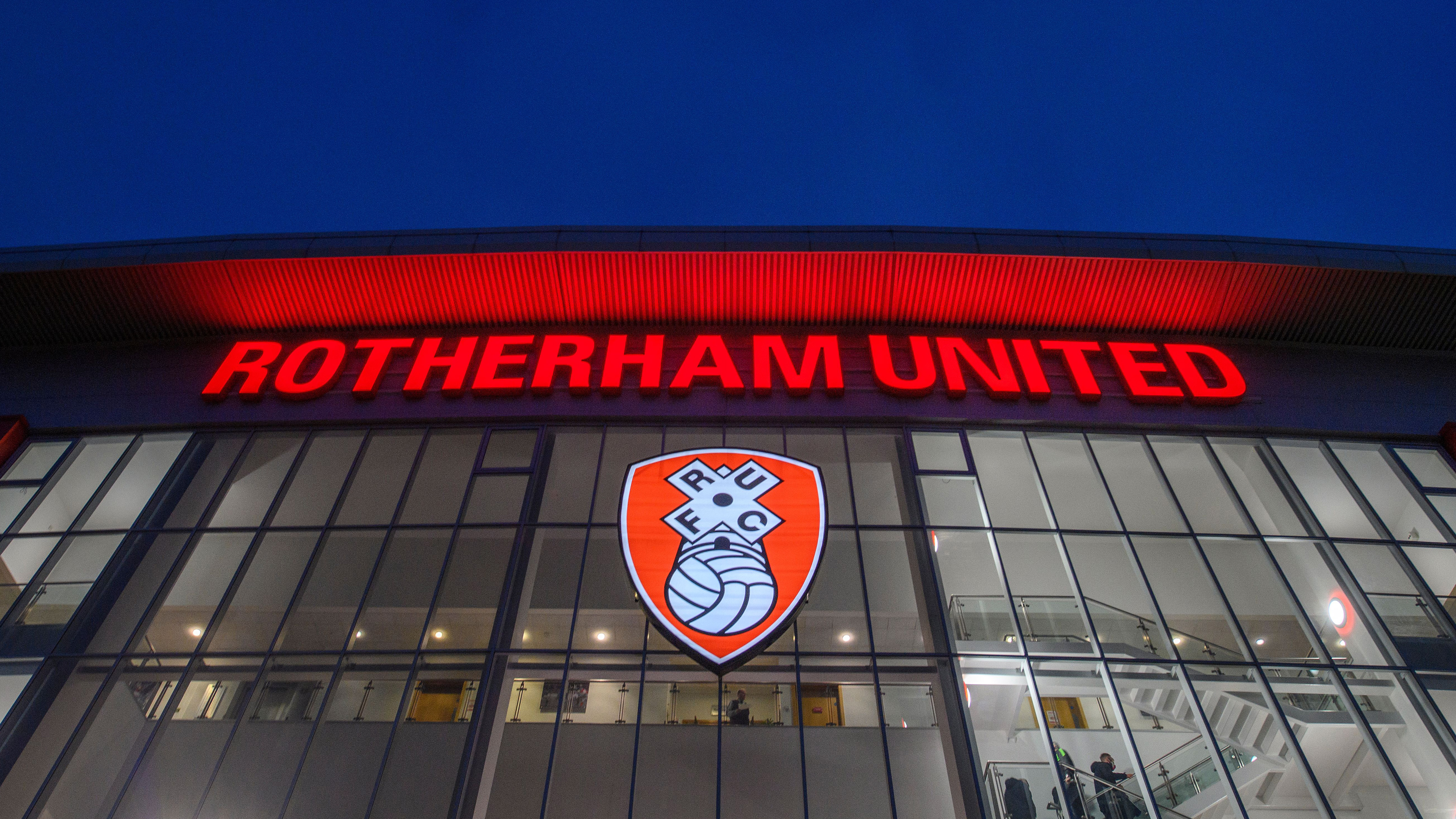 The front of Rotherham United's stadium. It shows the club badge and the club's name above it.