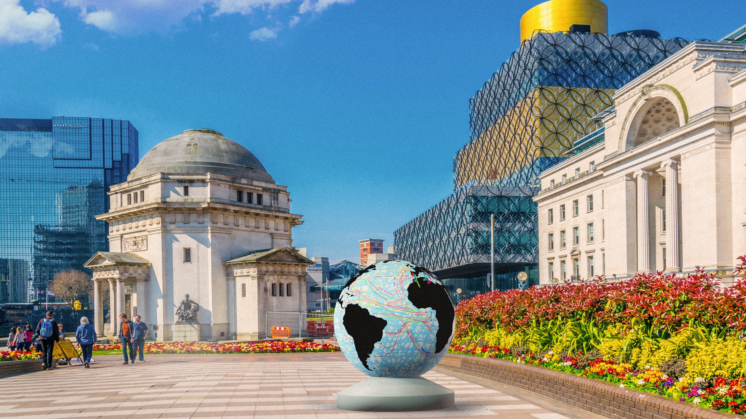 An artists impression of Yinka Shonibare globe in a city centre.
