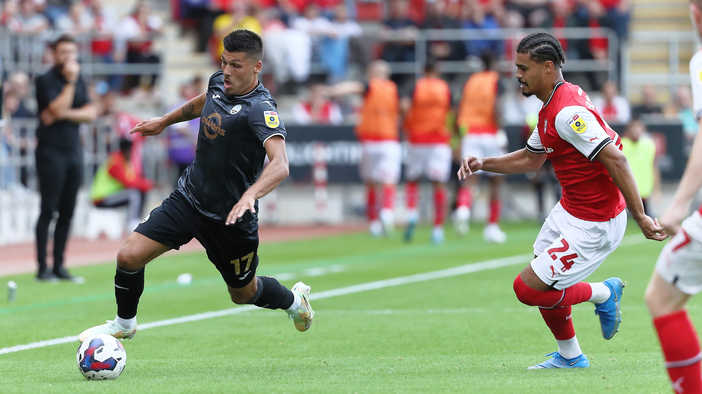 Joel Piroe keeps the ball in at the by-line against Rotherham United