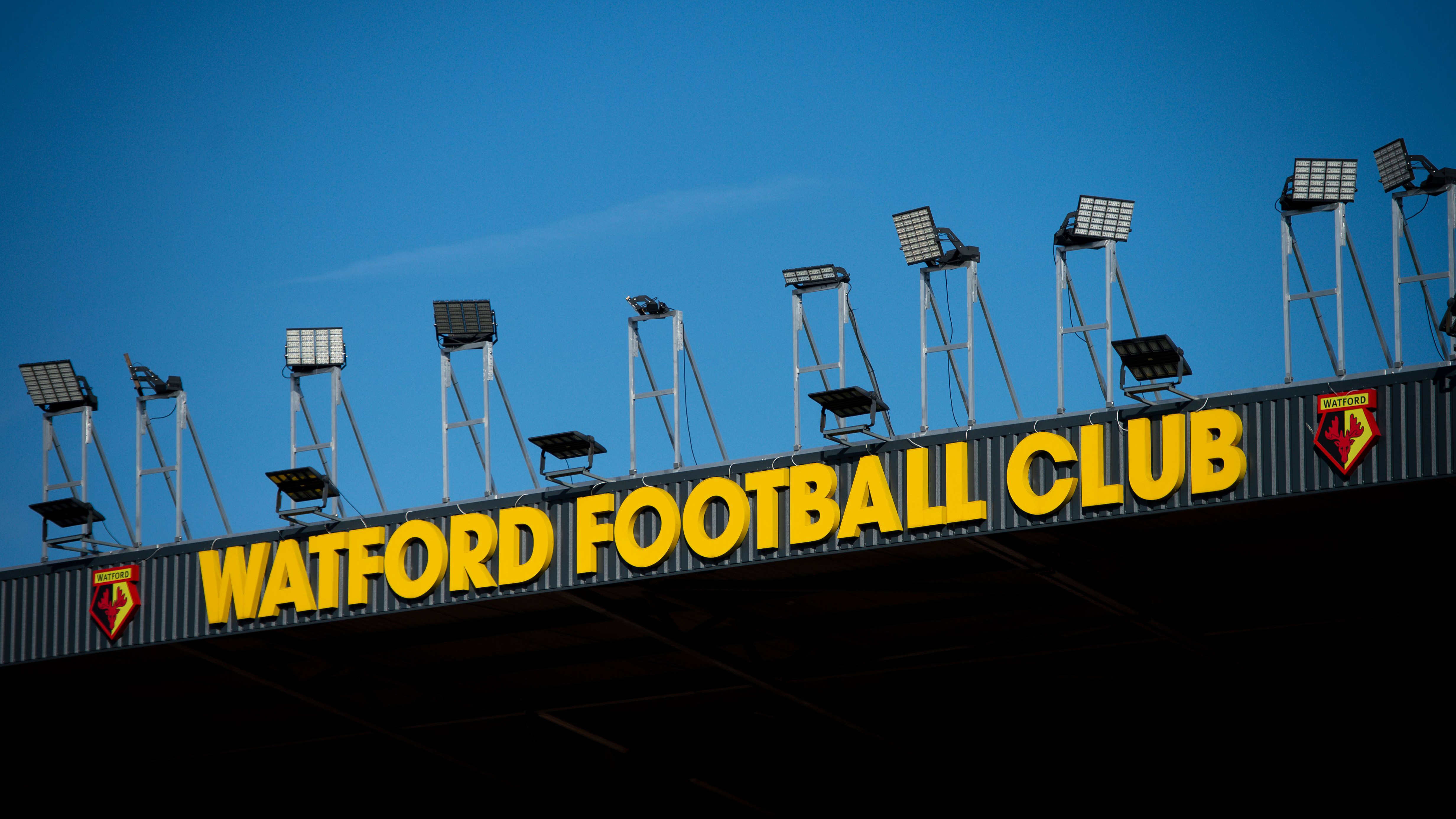A close up of the words Watford Football Club written on the front of one of the stands