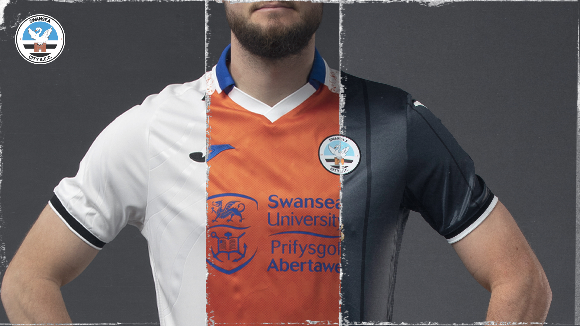 Swans home, away and third shirts split into three sections