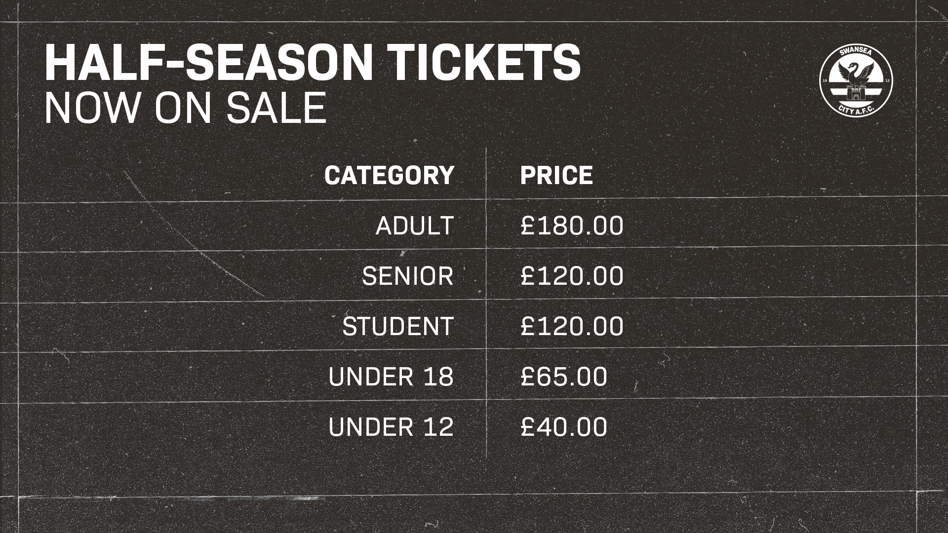 Half-season ticket prices are as follows: Adult, £180. Senior and student, £120. Under-18s, £65. Under-12, £40.