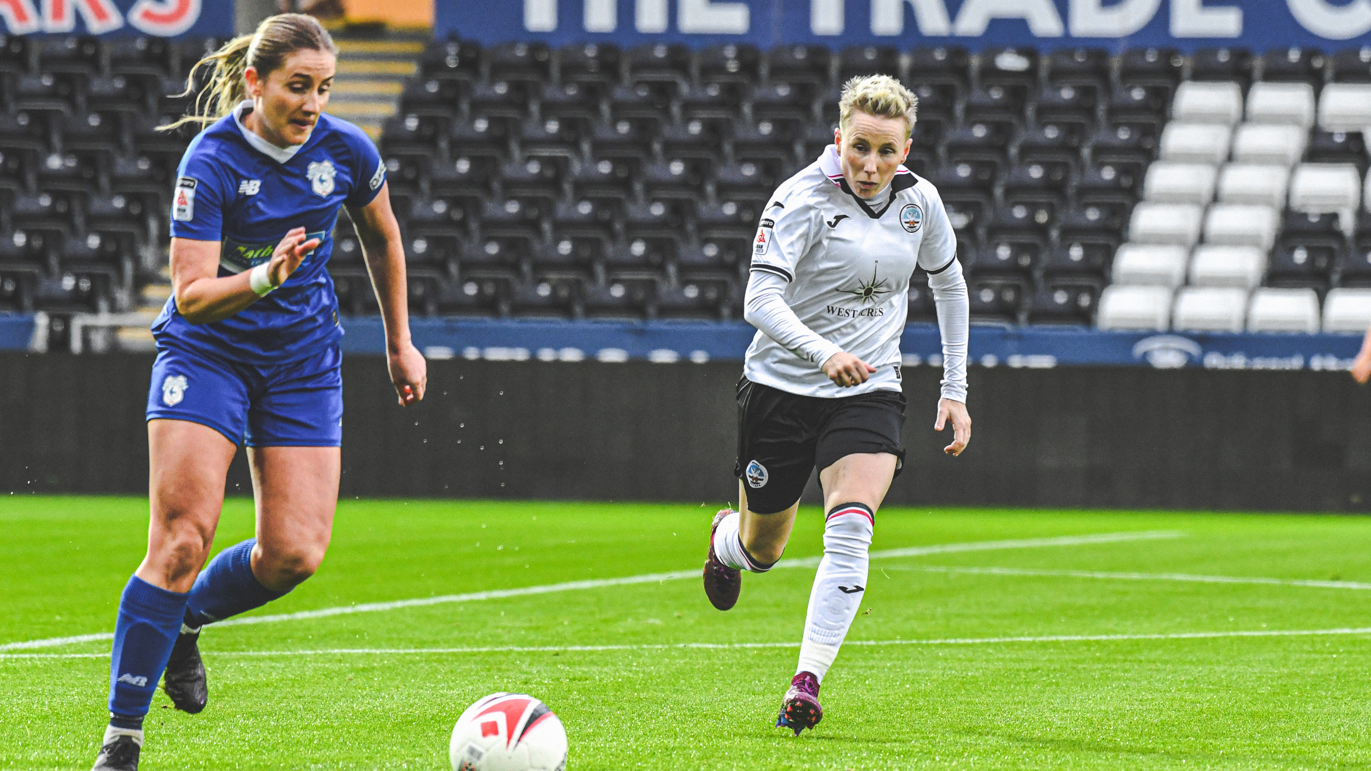 Stacey John-Davis closes down the ball against Cardiff City 