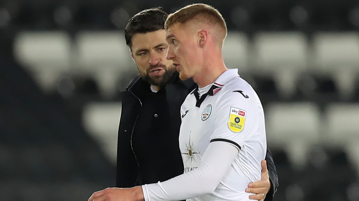 Russell Martin and Jay Fulton speaking immediately after a match at the Swansea.com Stadium