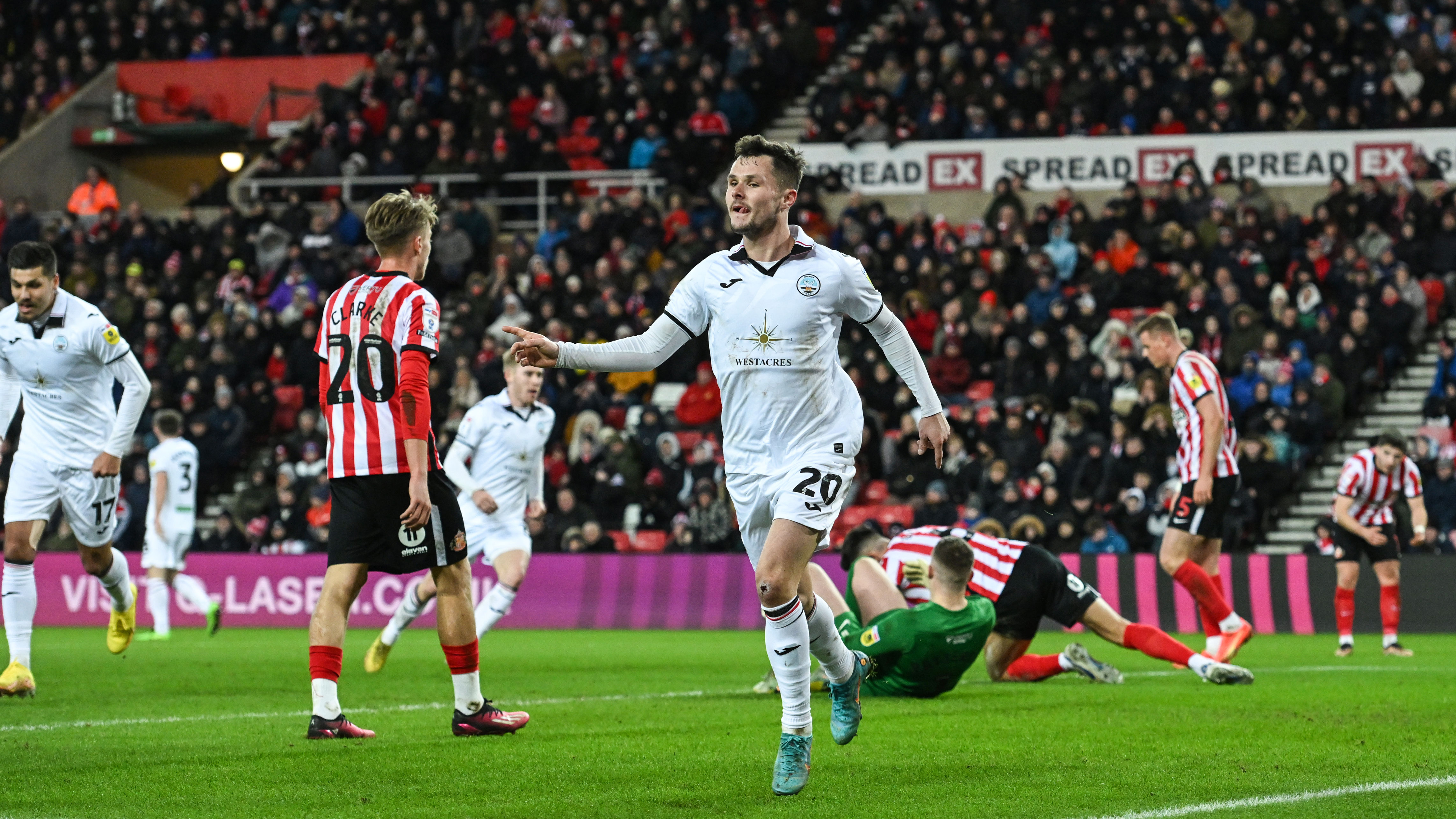 Sunderland away Liam Cullen celebrates