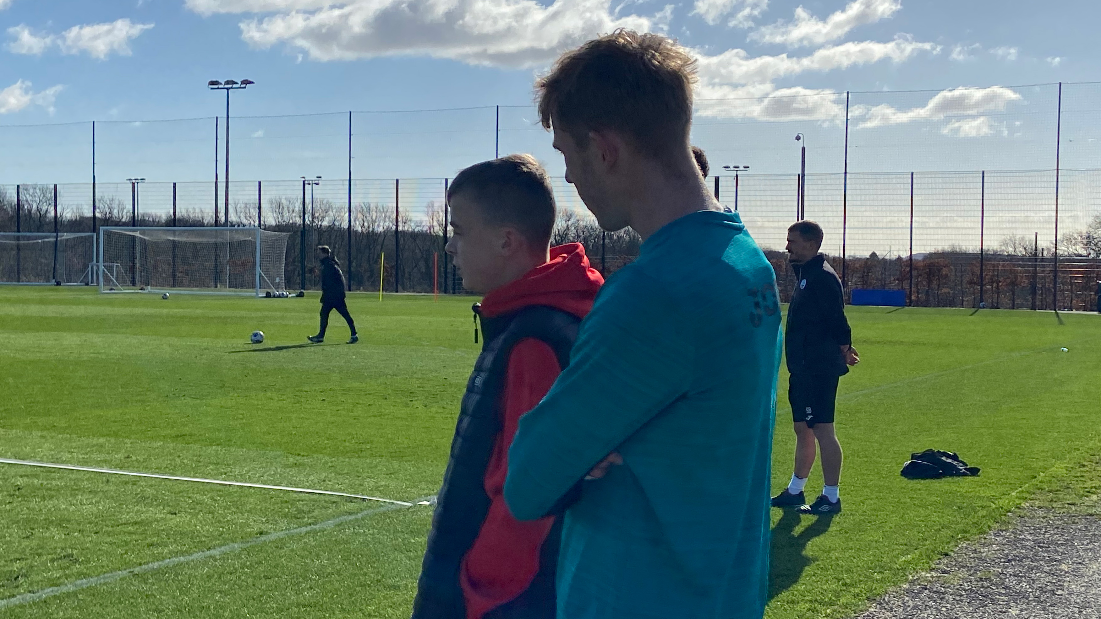 Swans fan Alfie James and Ollie Cooper chatting