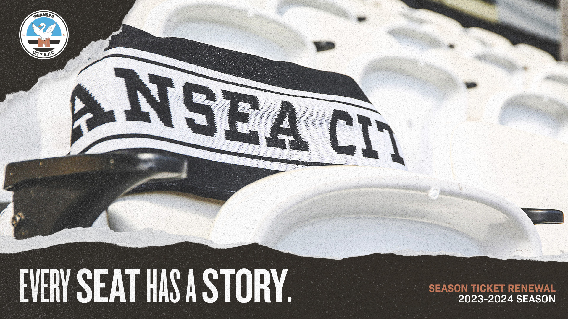 Every seat has a story. Two weeks remaining to renew your Swansea City season ticket. Swansea City scarf draped over white chair at Swansea.com Stadium.