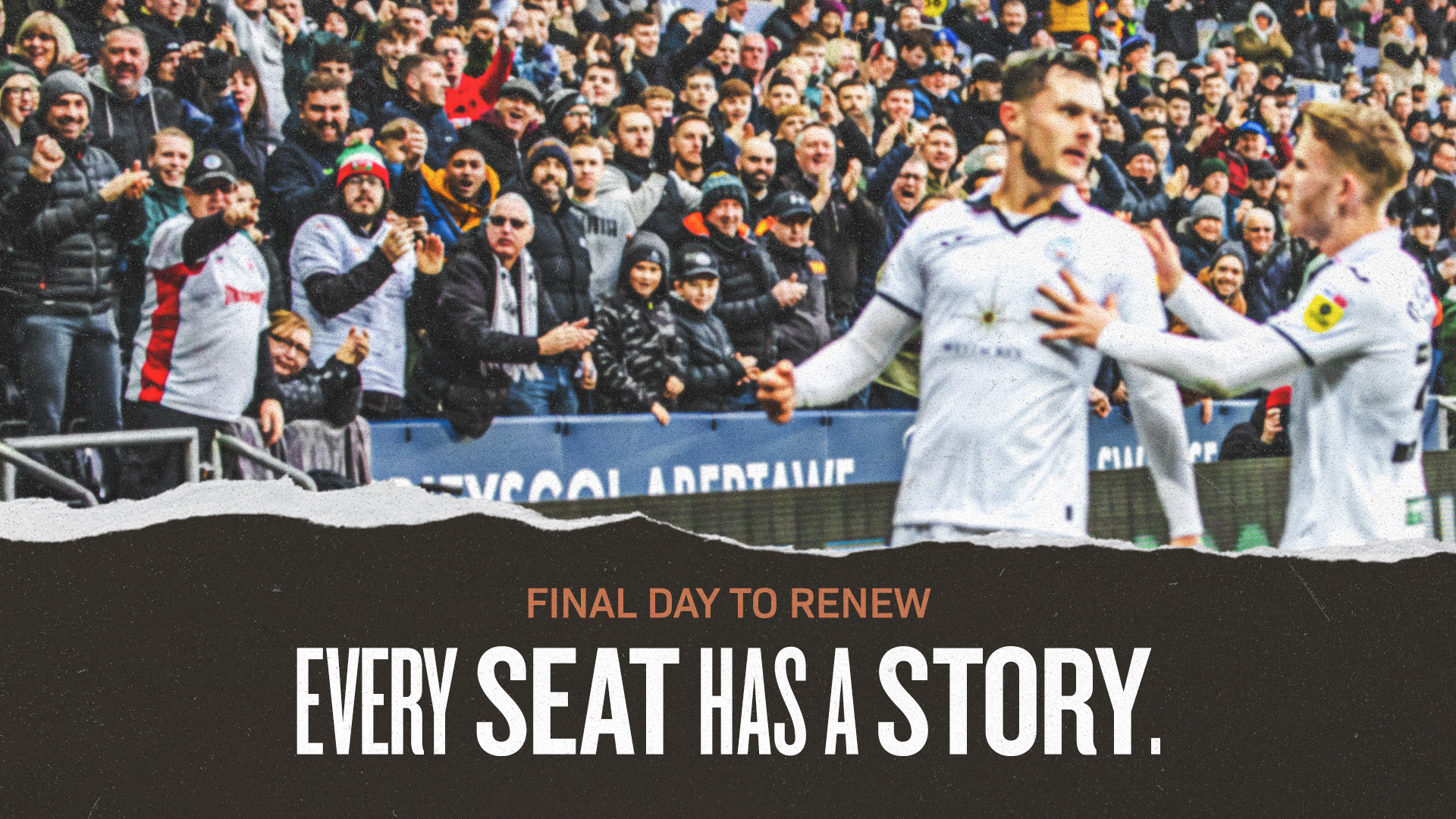 Liam Cullen and Ollie Cooper celebrating a goal in front of crowds at the Swansea.com Stadium. Final day to renew season ticket graphic.