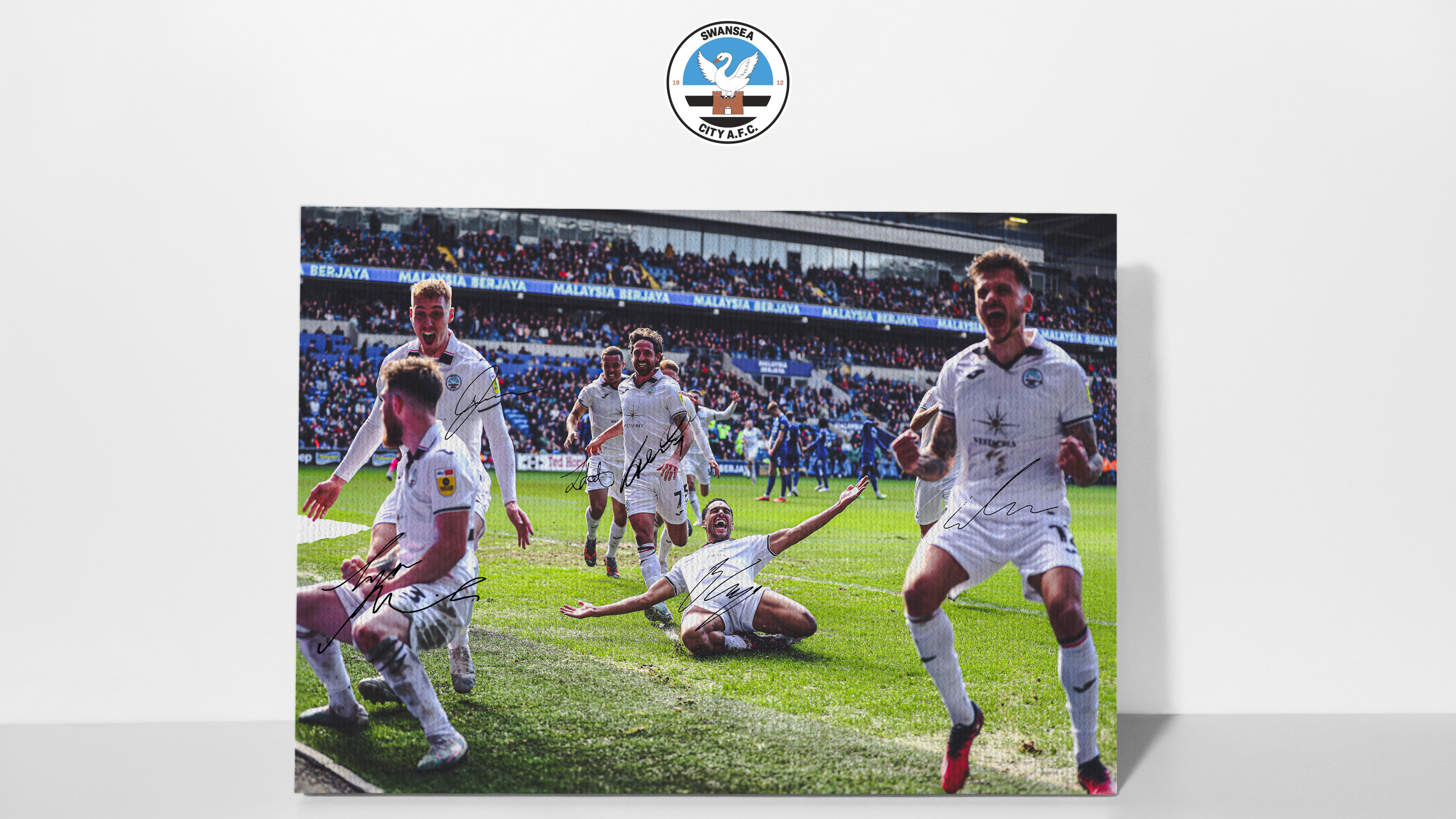 Swansea City canvas of the celebrations after Ben Cabango's goal against Cardiff City