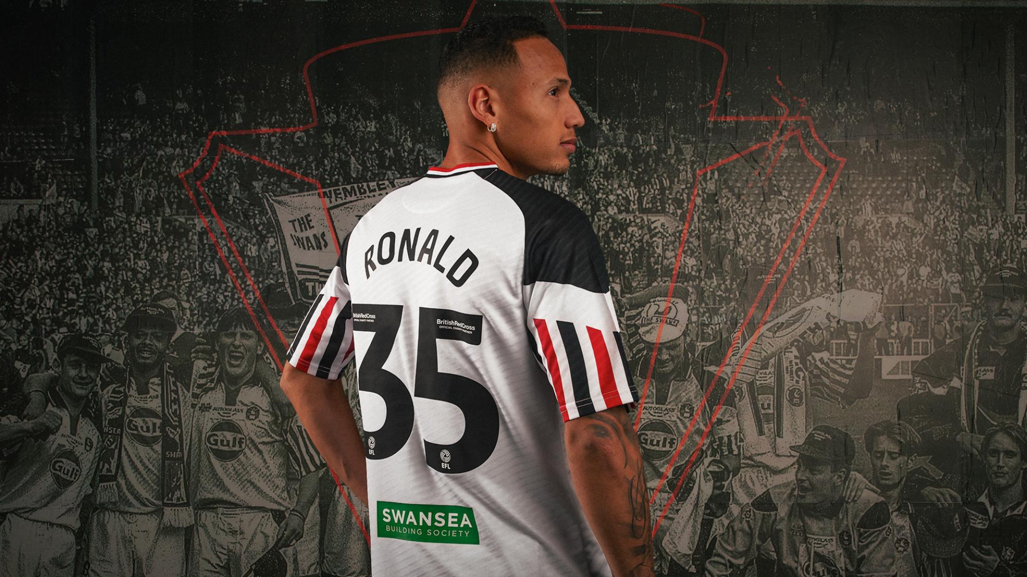 Ronald wearing the Swansea City 2023-24 commemorative kit