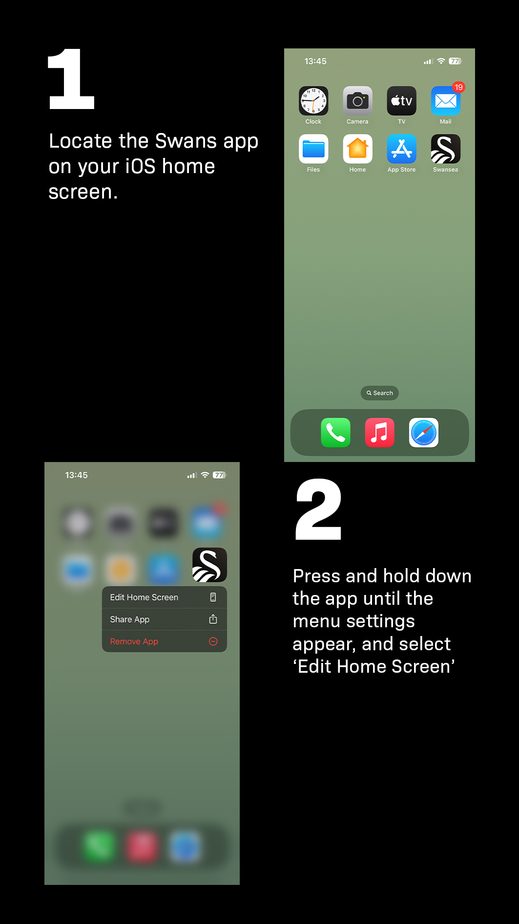 Steps 1 and 2 to adding app widgets to your home screen