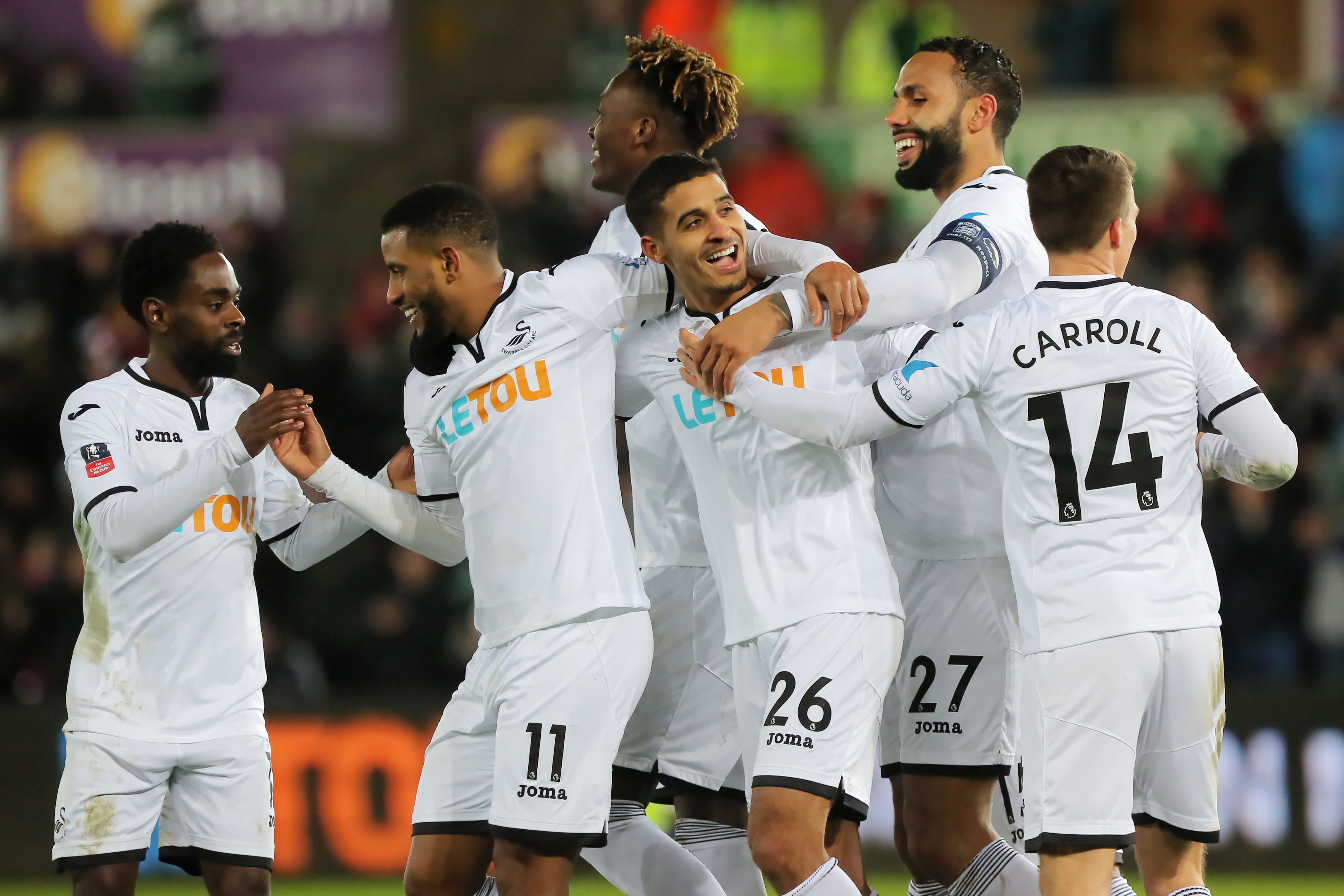 Swans v Notts County celebration huddle