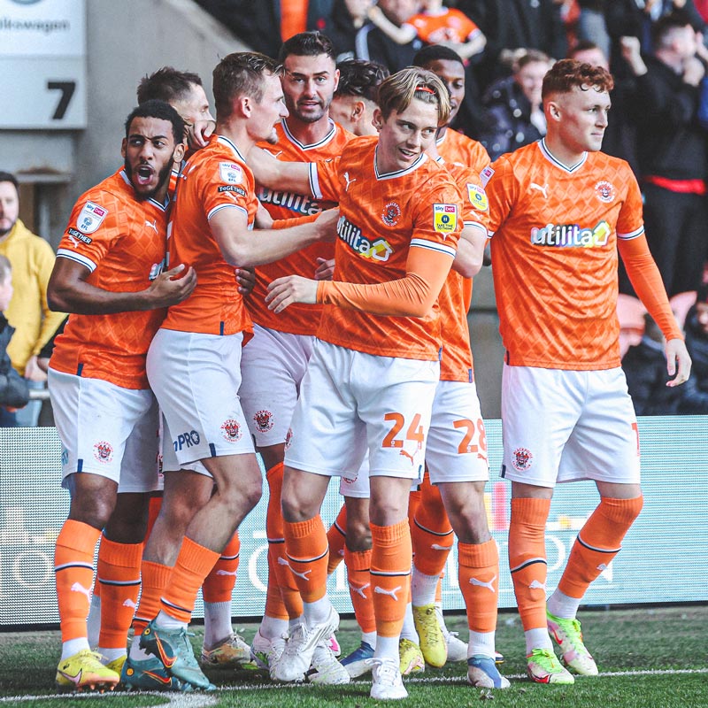 Blackpool squad celebrating scoring at the Bloomfield Road Stadium