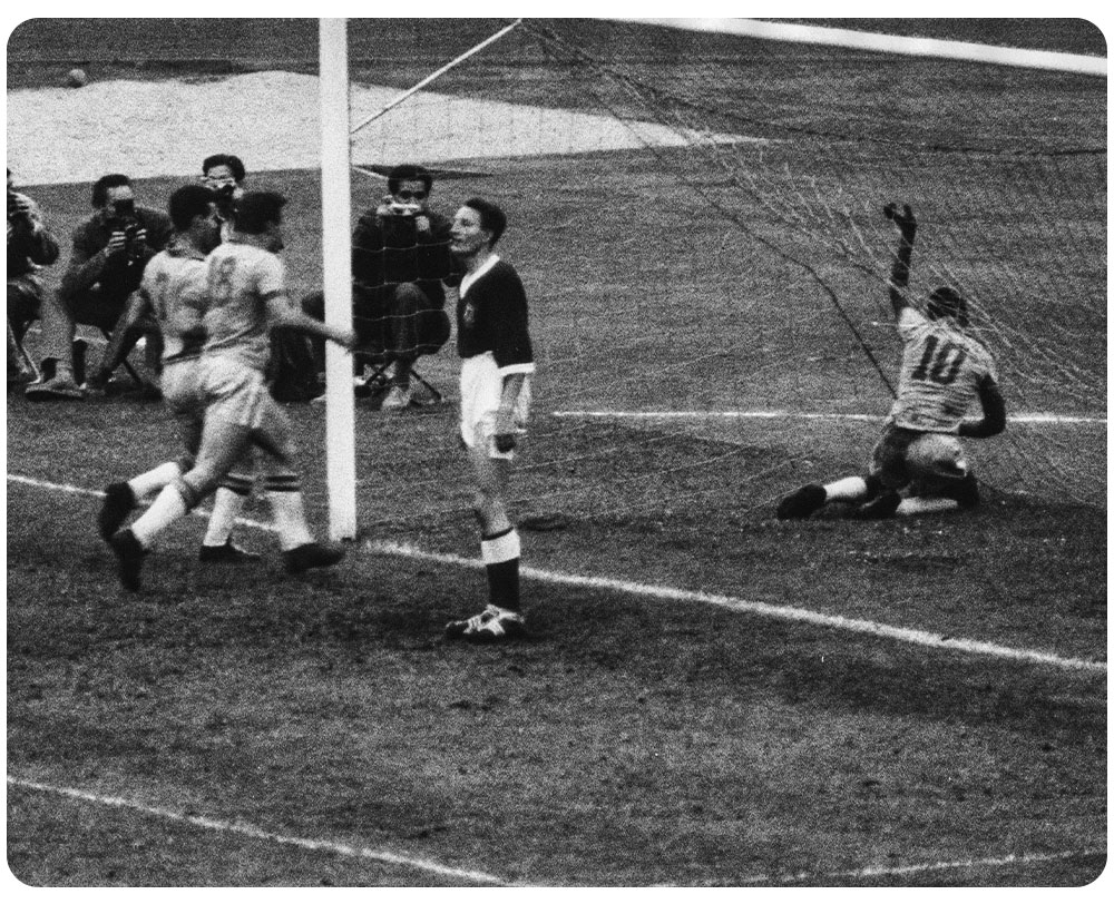 Photograph of Pele scoring against Wales in the 1958 World Cup