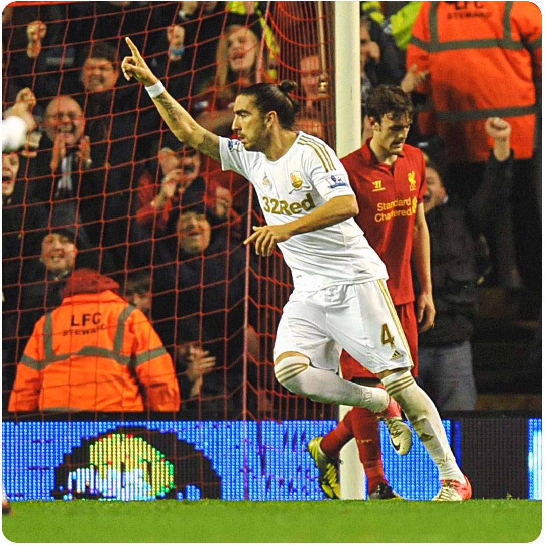Chico Flores Celebrates a Goal at Anfield