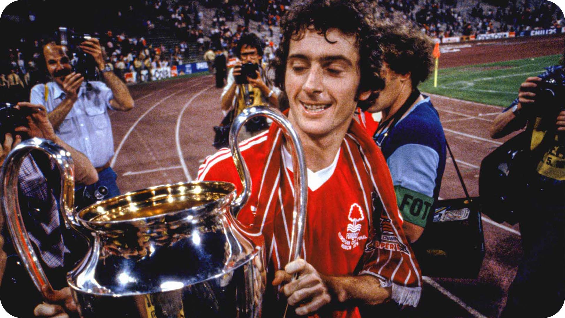 Photograph of Trevor Francis holding the European Cup
