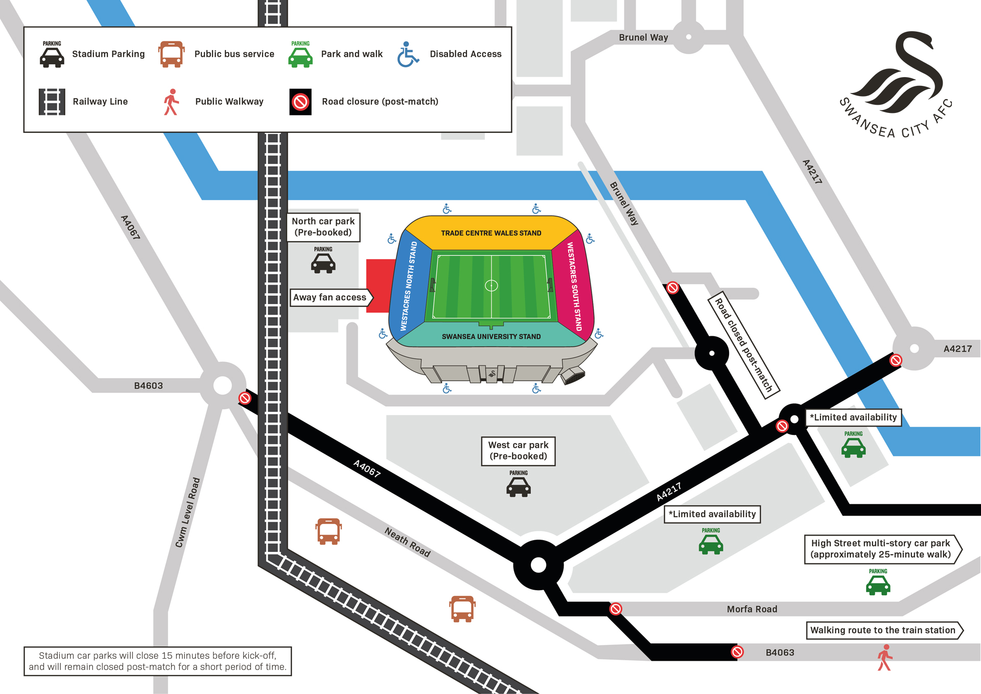 Map of the Swansea City stadium showing directions from park and walk