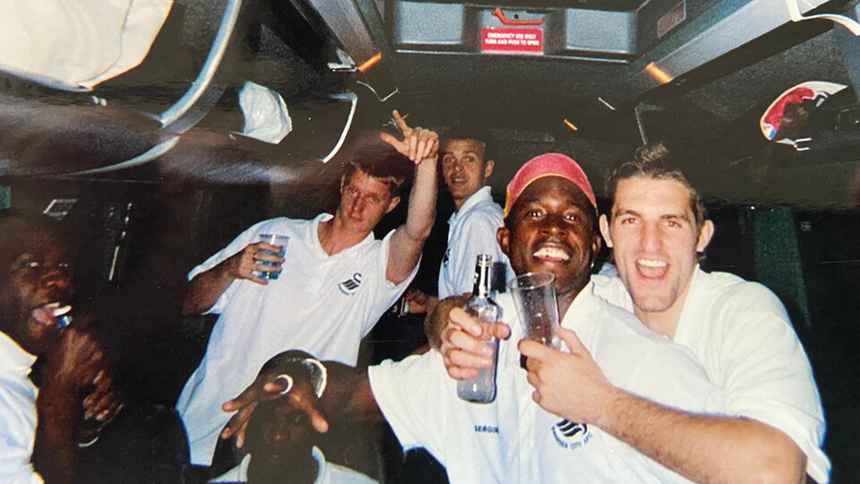 It's party time on the bus as Adrian Forbes, Alan Tate, Stuart Jones, Ijah Anderson and Sam Ricketts enjoy the bus ride home from Bury. Photo courtesy of Lee Trundle