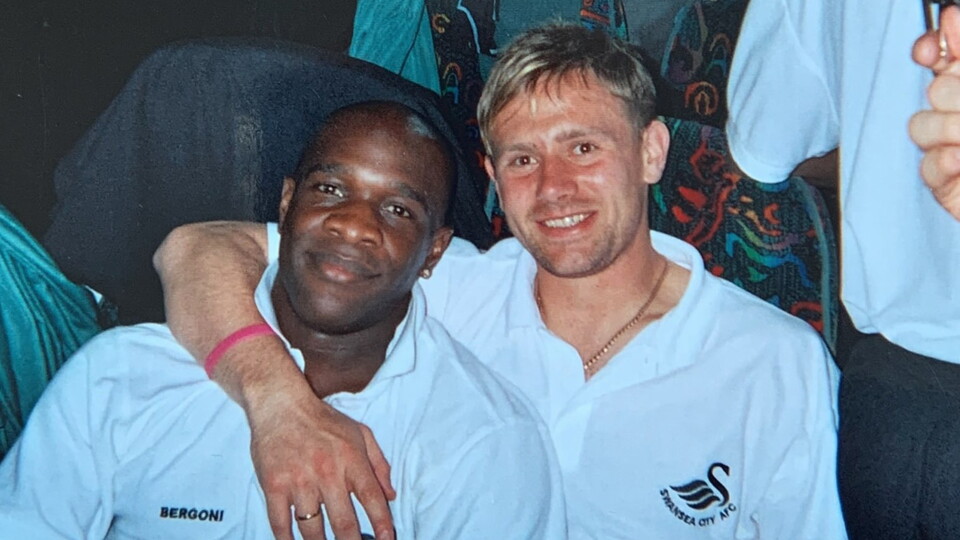 Goalscorer Adrian Forbes and Kristian O'Leary pose for a photo on the bus ride back from Bury. Photo courtesy of Kristian O'Leary