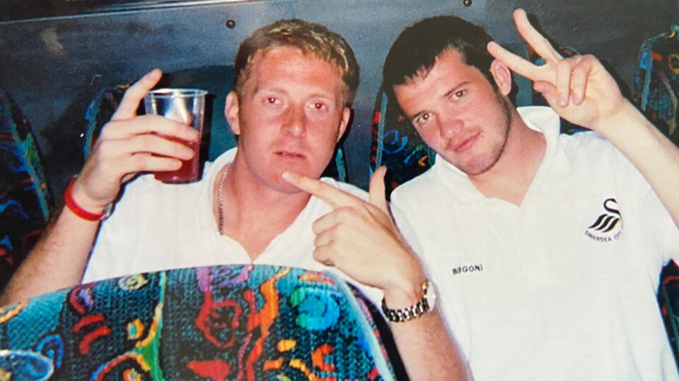 Garry Monk and Kevin McLeod celebrate on the bus back from Bury. Photo courtesy of Lee Trundle