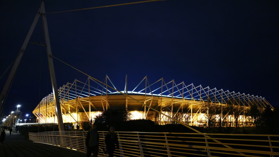 Outside the Swansea.com Stadium at night