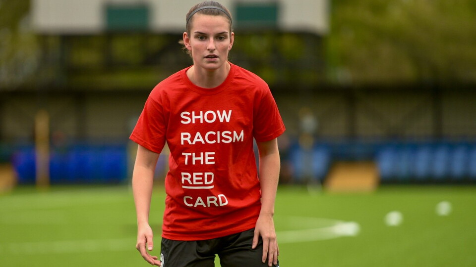 Sammy Wynne from Swans Women shows support for Show Racism the Red Card