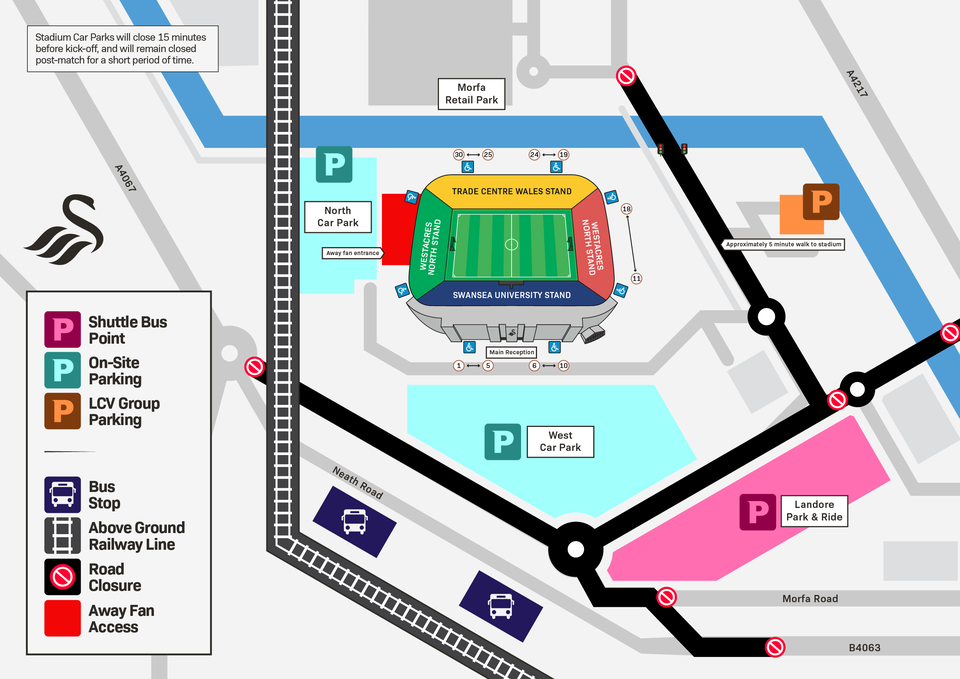 Map showing stadium parking, bus stops, and train access.