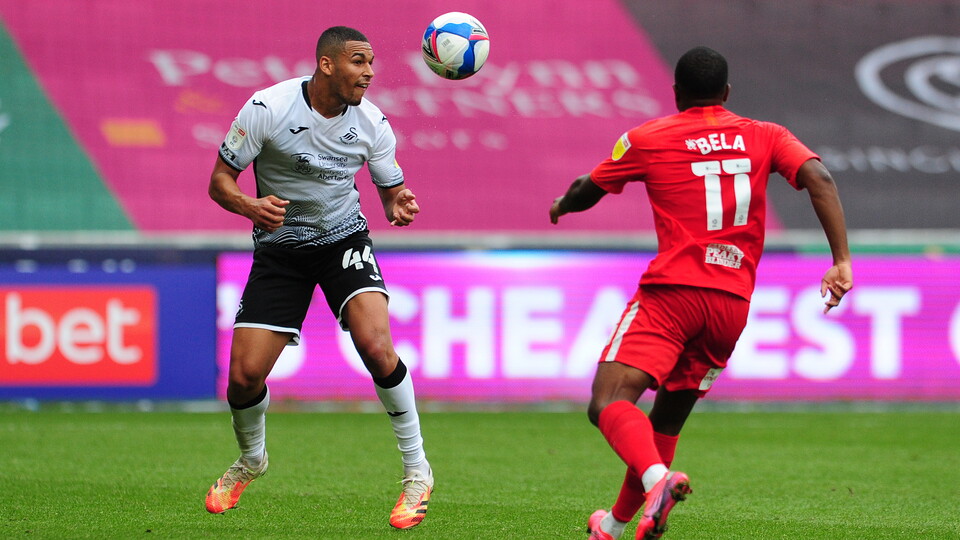 Ben Cabango wins a header against Birmingham City 2020