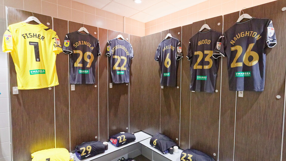 Fisher, Sorinola, Latibeaudiere, Darling, Wood and Naughton's shirts hanging in the changing rooms