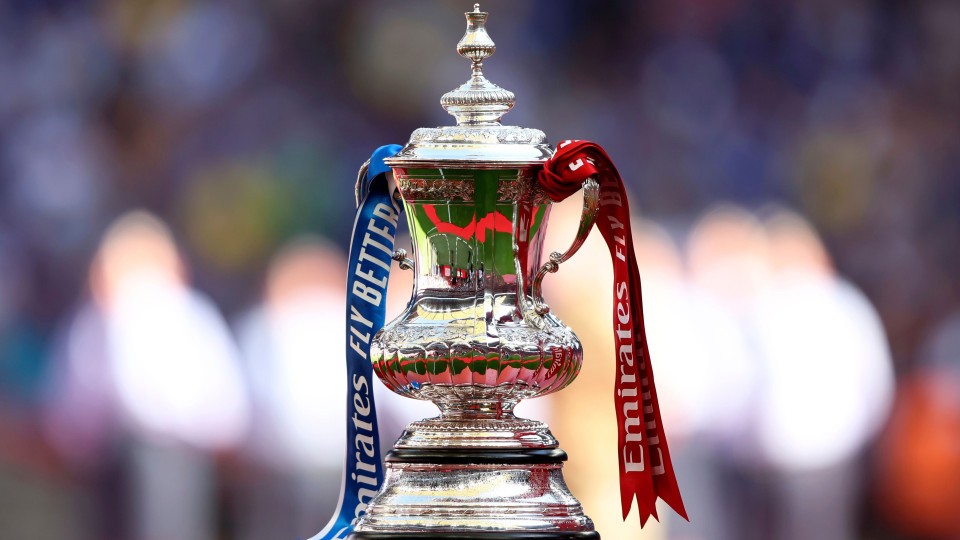 Image of the FA Cup with blue and red ribbons