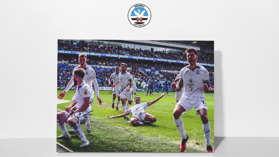 Swansea City canvas of the celebrations after Ben Cabango's goal against Cardiff City