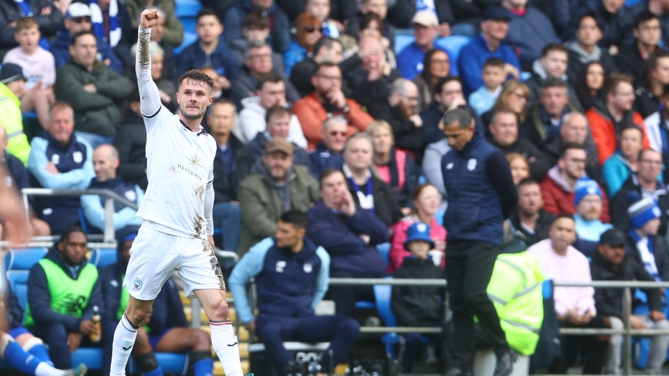 Liam Cullen celebrates his goal against Cardiff City