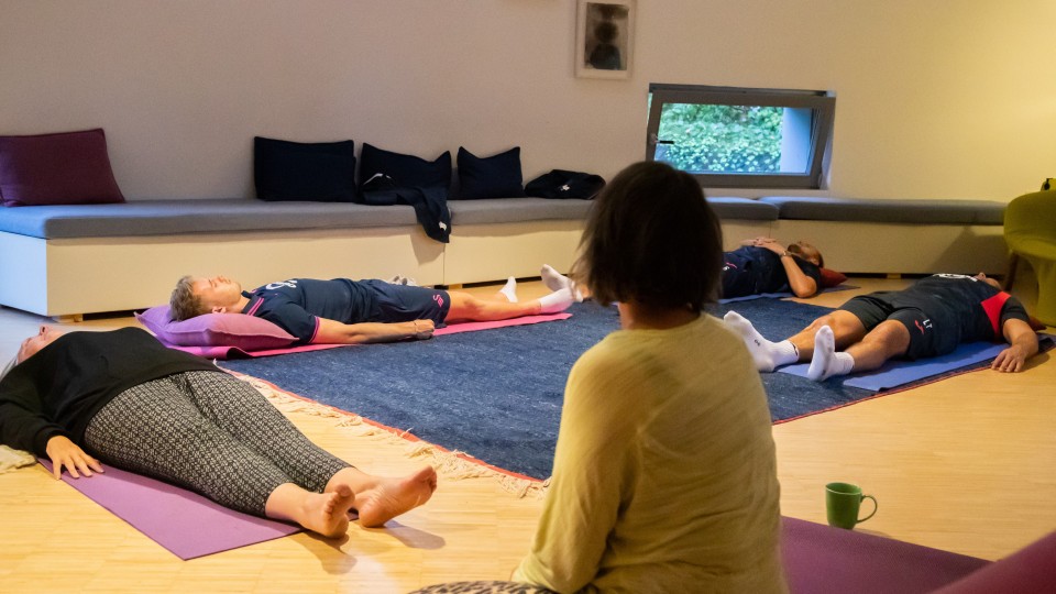 Harry Darling, Lee Trundle and Ollie Cooper take part in Yoga at Maggie's