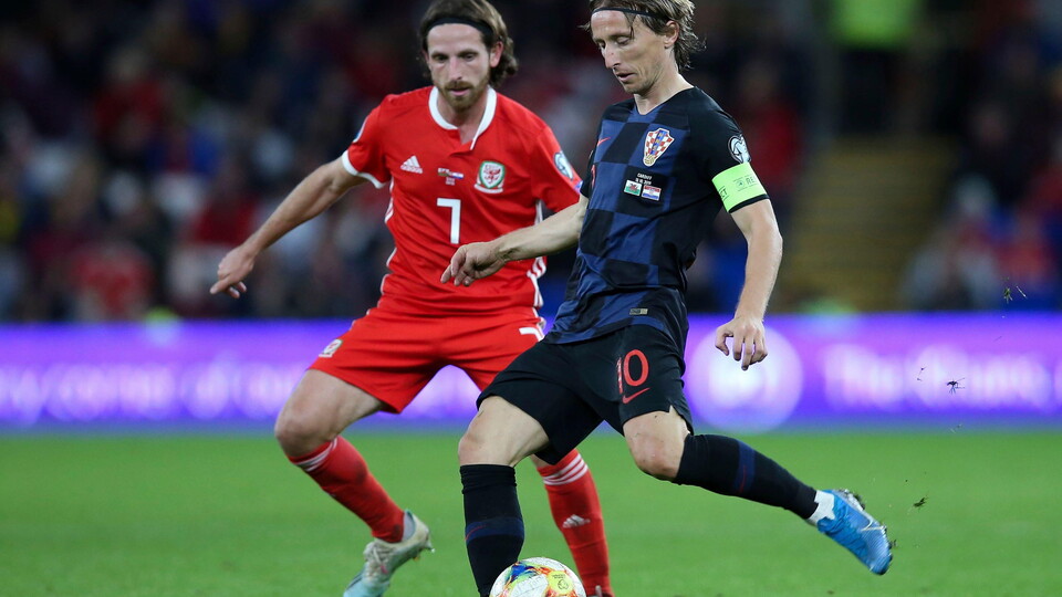 Luka Modric playing for Croatia at the Swansea.com Stadium