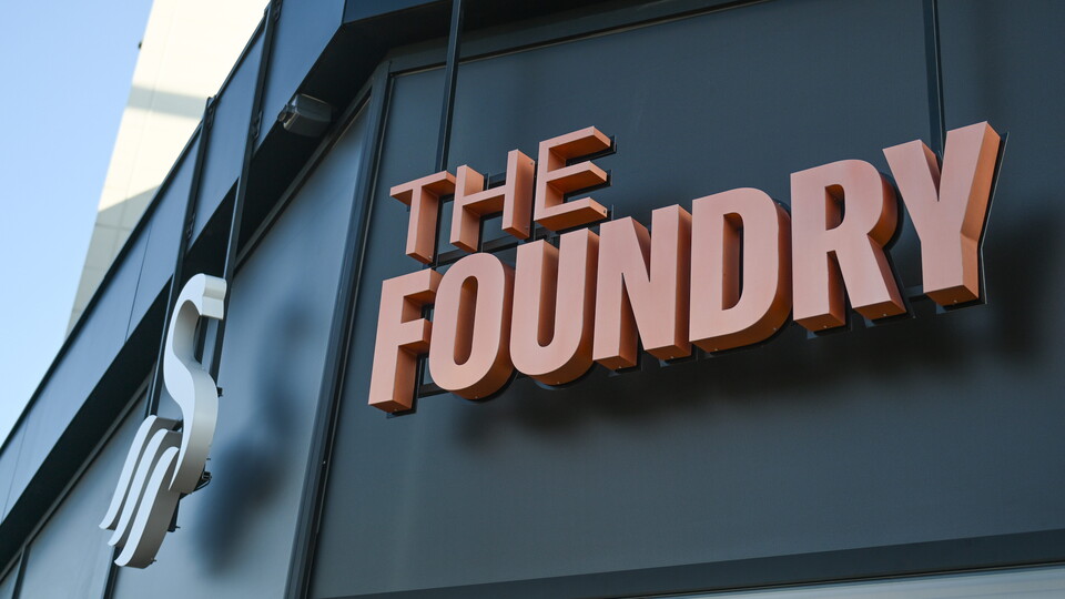 The Foundry sign on the front of the club shop